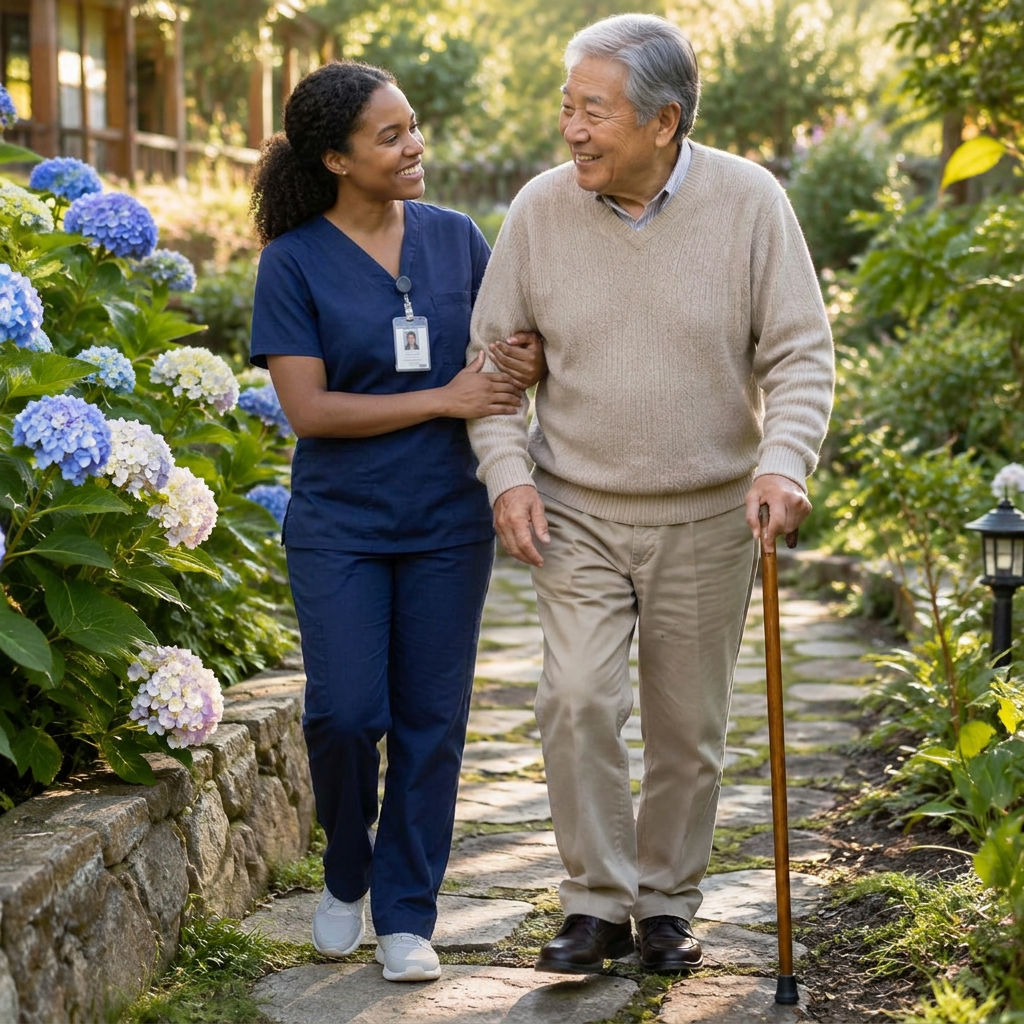 Caregiver walking with an older man in a garden