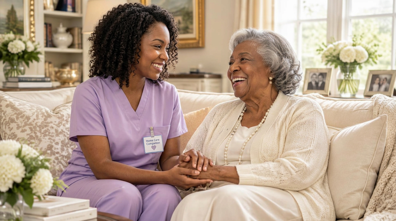 Caregiver holding hands with a smiling older woman at home